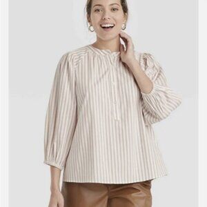 A New Day Cream Stripe Puff 3/4 Sleeve Blouse Size L